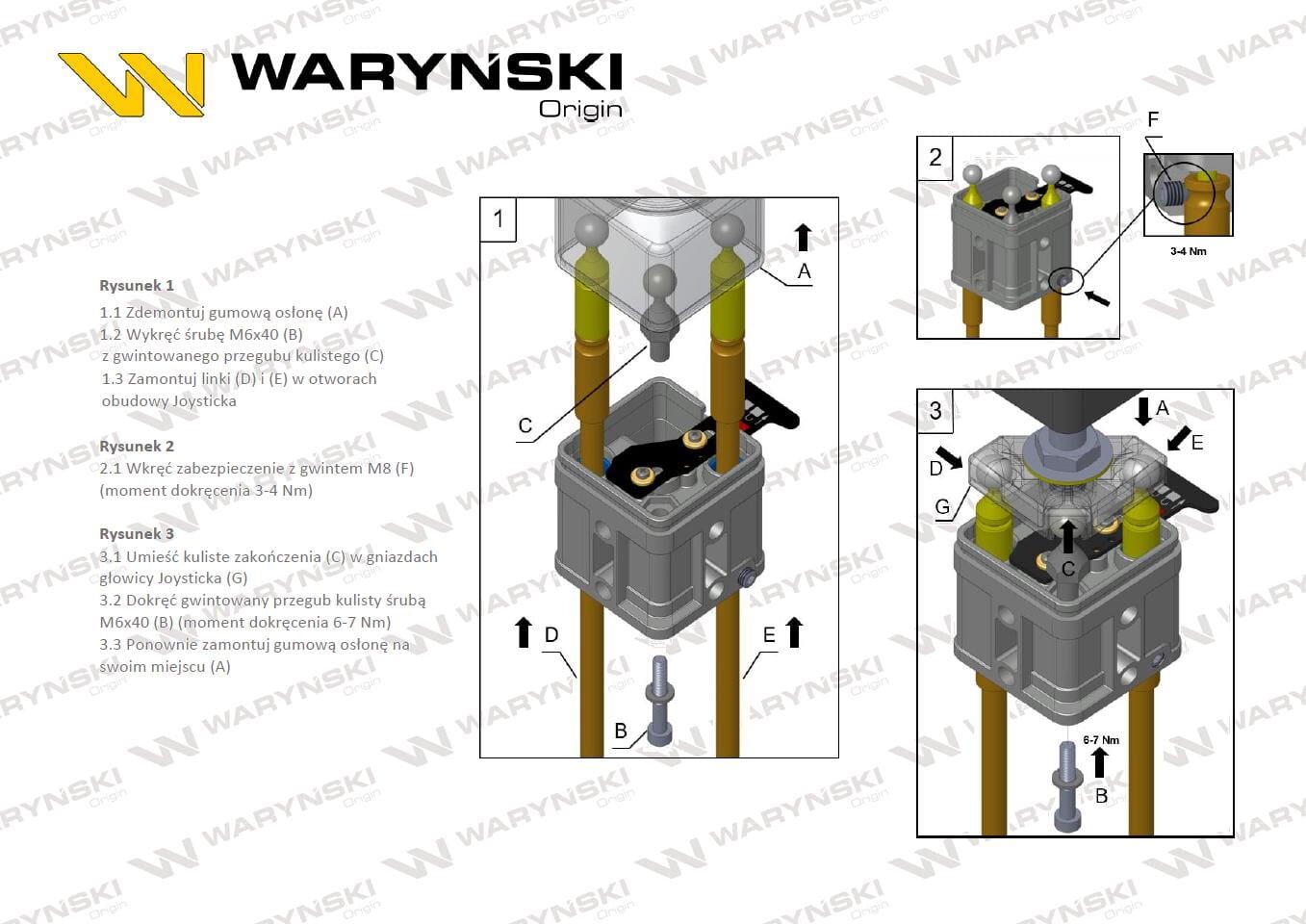 Instrukcja montażu joysticka z ilustracjami i opisami kroków. Widoczne logo WARYŃSKI oraz szczegółowe rysunki z oznaczeniami elementów i momentami dokręcania śrub.