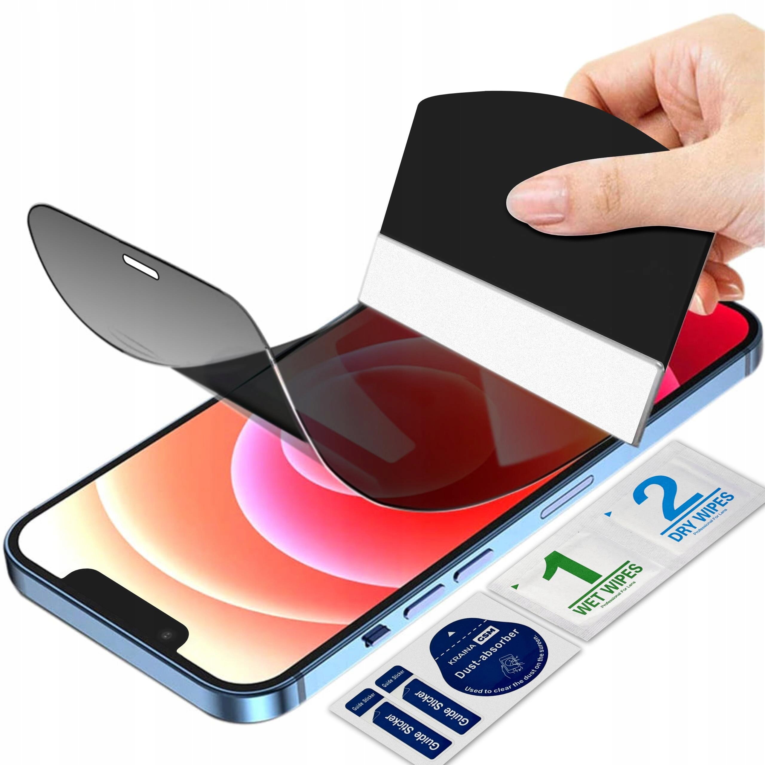 Na zdjęciu widoczna jest folia prywatyzująca do telefonu Apple iPhone 14 Pro, trzymana nad ekranem urządzenia. Obok znajdują się opakowania z napisem \'1 WET WIPES\' i \'2 DRY WIPES\'.