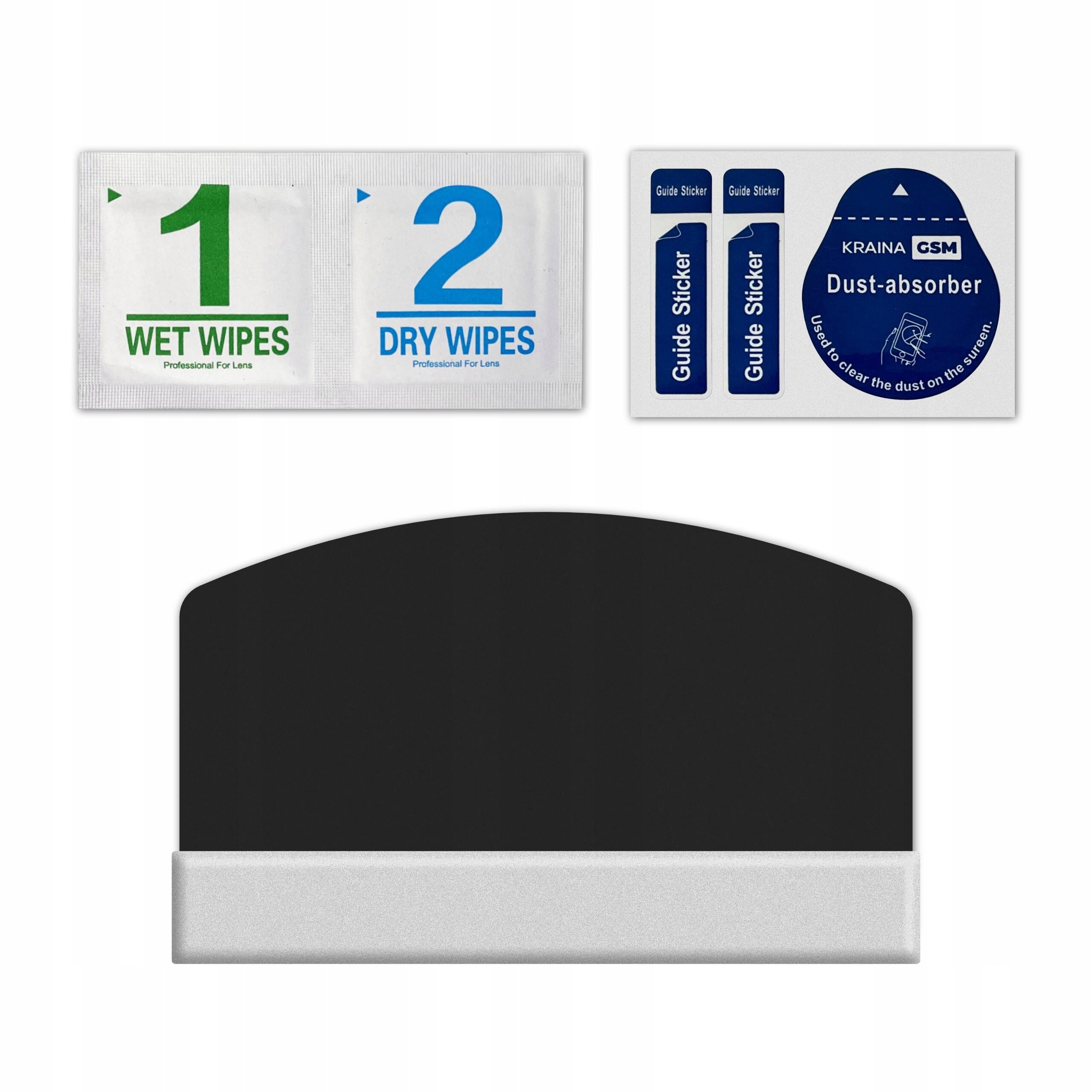 Na zdjęciu widoczne są dwie saszetki z napisami \'1 Wet Wipes Professional For Lens\' i \'2 Dry Wipes Professional For Lens\', dwa niebieskie naklejki \'Guide Sticker\', oraz okrągła naklejka z napisem \'KRAINA GSM Dust-absorber Use to clear the dust on the screen\'.
