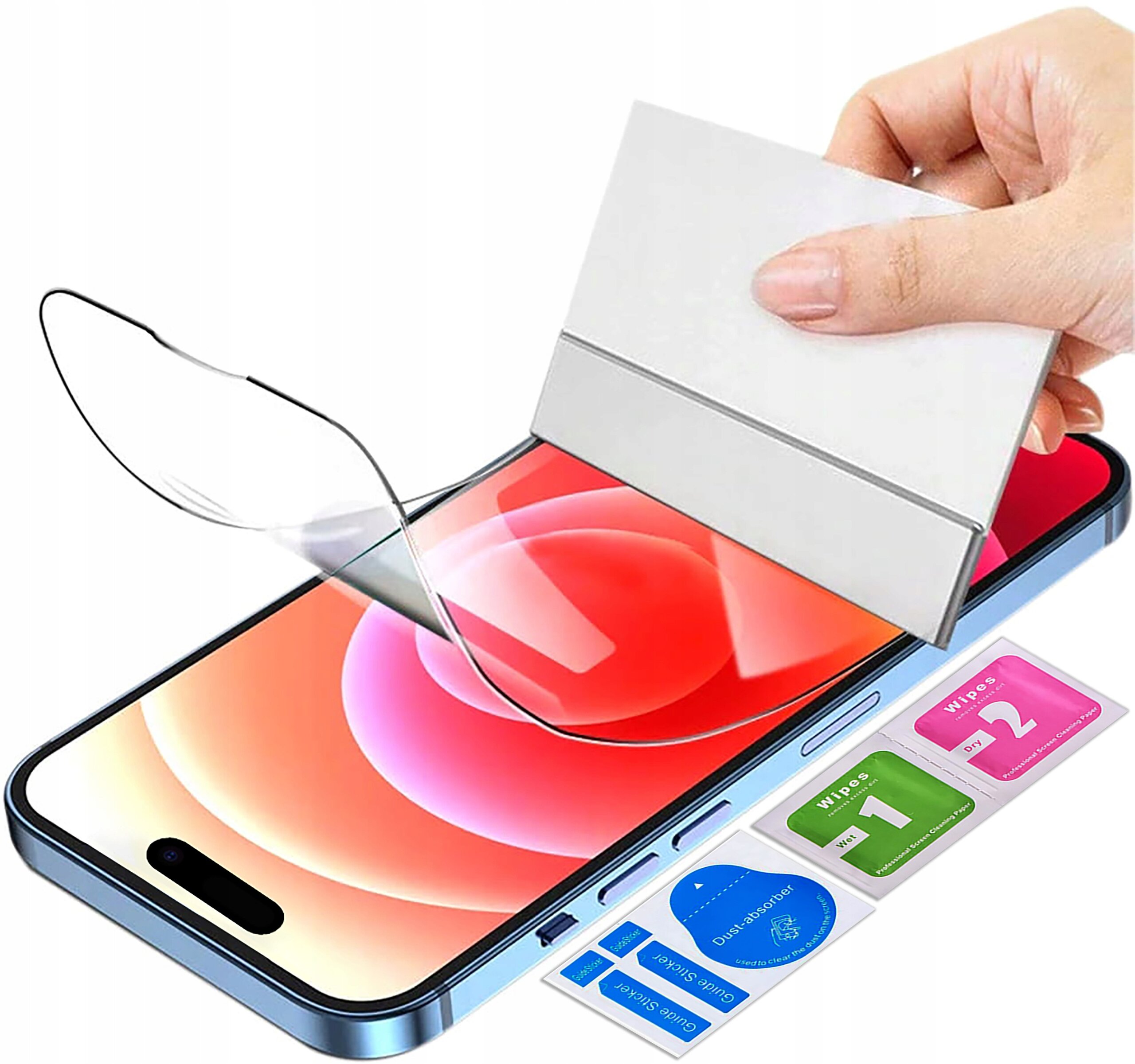 Na obrazie widać telefon z nałożoną folią ochronną, a obok zestaw akcesoriów do aplikacji, w tym ściereczki oznaczone numerami 1 i 2 oraz naklejki. Ręka trzyma narzędzie do wygładzania folii na ekranie.