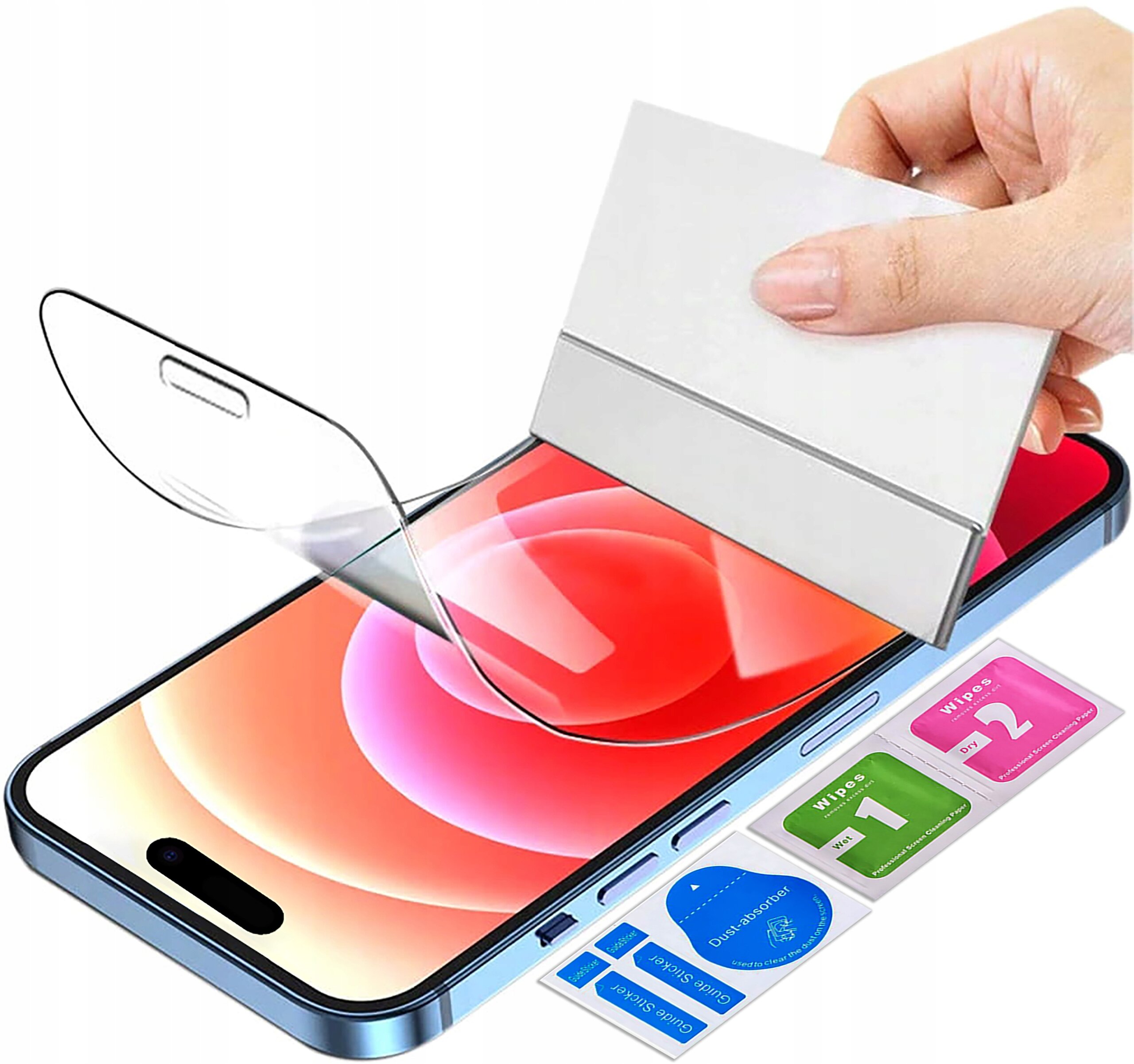 Na zdjęciu widoczna jest folia ochronna hydrożelowa 3D nakładana na ekran telefonu iPhone 15 Plus, obok znajdują się akcesoria do czyszczenia oznaczone jako \'Wipes 1\' i \'Wipes 2\'.