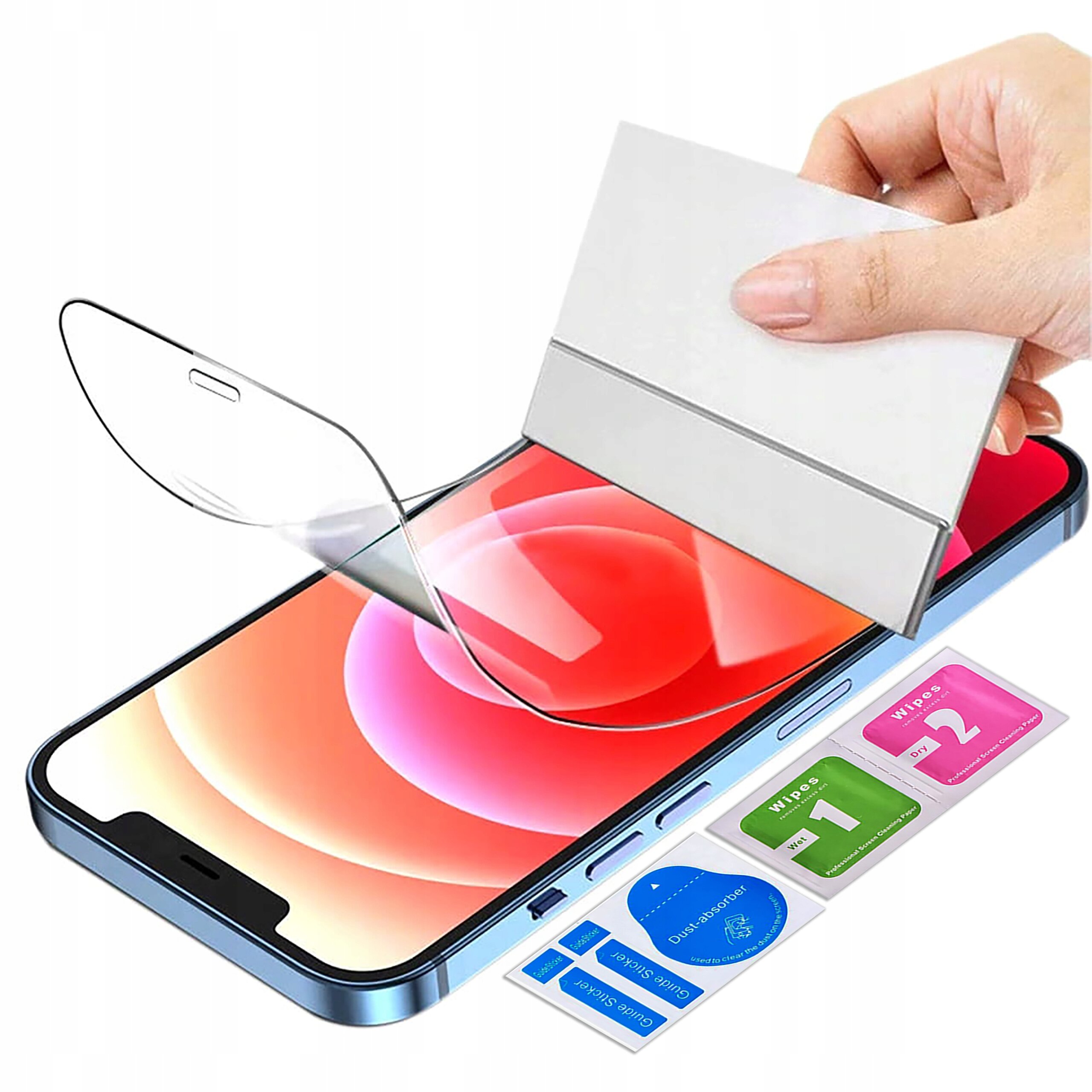 Na zdjęciu widać hydrożelową folię ochronną nakładaną na ekran smartfona, obok znajdują się akcesoria do aplikacji oznaczone jako \'Wipe 1\', \'Wipe 2\', \'Dust absorber\' i \'Guide sticker\'.