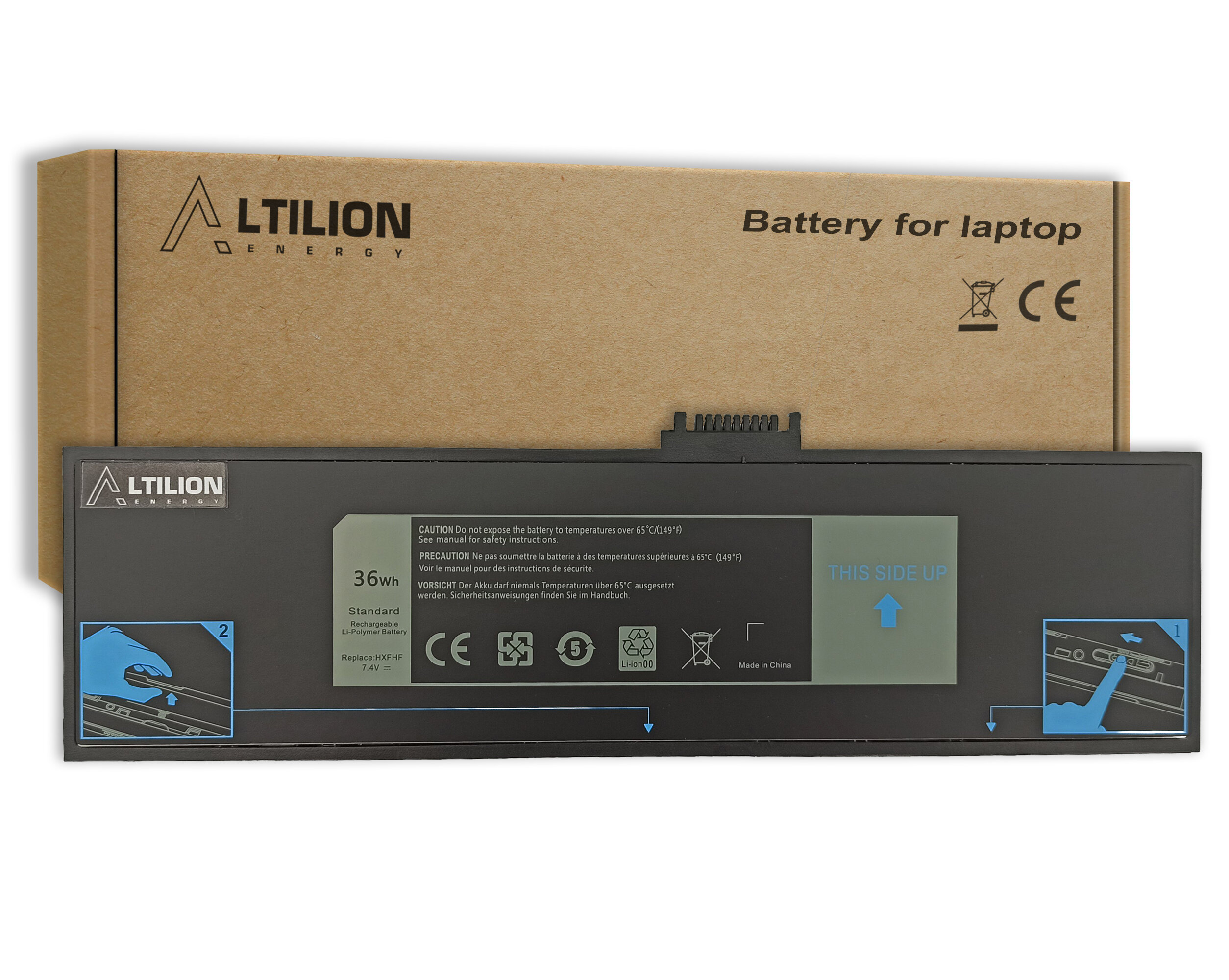 Na obrazie widoczna jest bateria do laptopa marki Altilion Energy z oznaczeniami technicznymi i instrukcjami użytkowania. W tle znajduje się kartonowe opakowanie z napisem \'Battery for laptop\' oraz logo Altilion Energy.