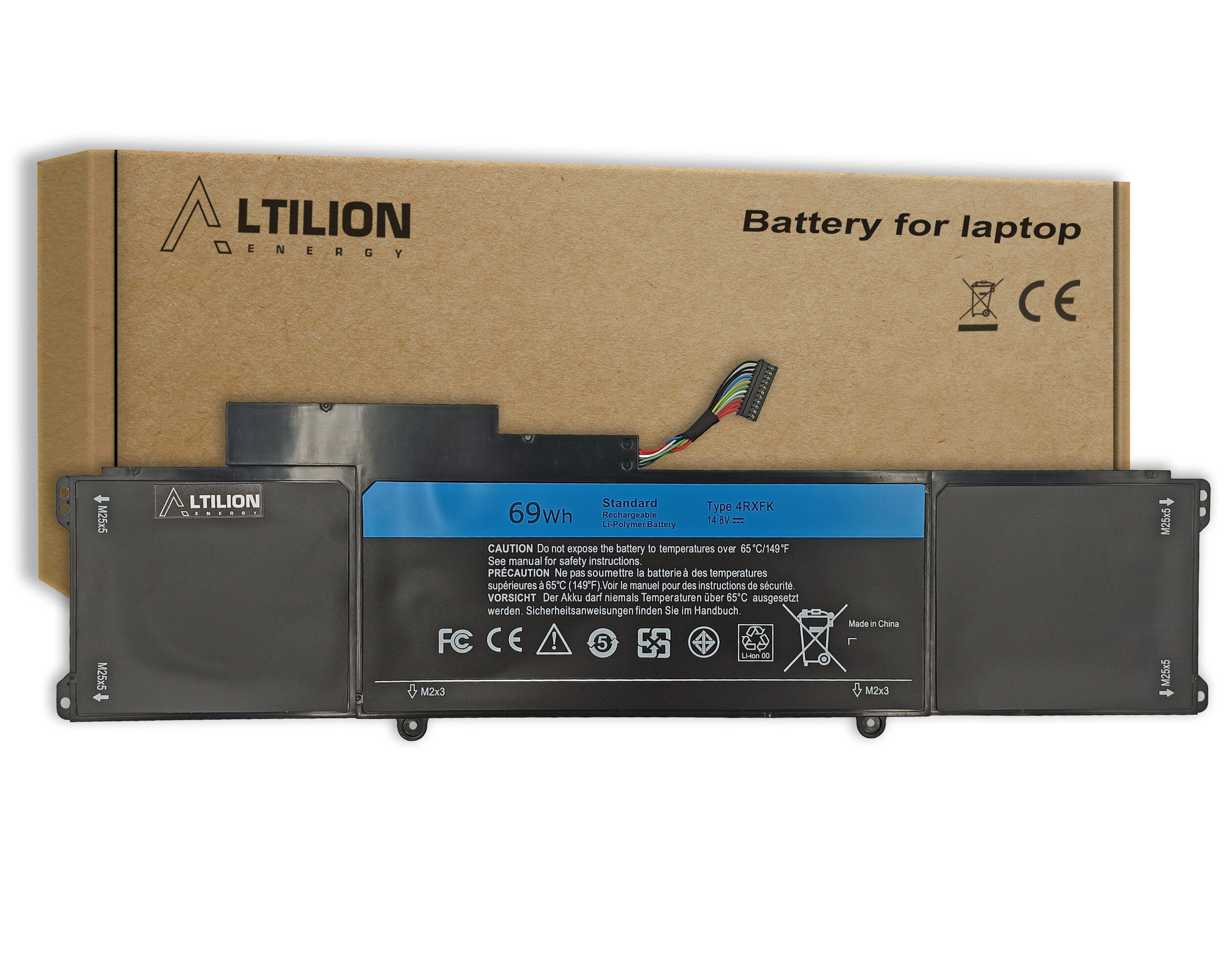 Na obrazie widoczna jest bateria do laptopa z oznaczeniem Altilion Energy oraz pudełko z napisem \'Battery for laptop\'. Na baterii znajdują się informacje techniczne, takie jak pojemność 69Wh i ostrzeżenia dotyczące użytkowania.