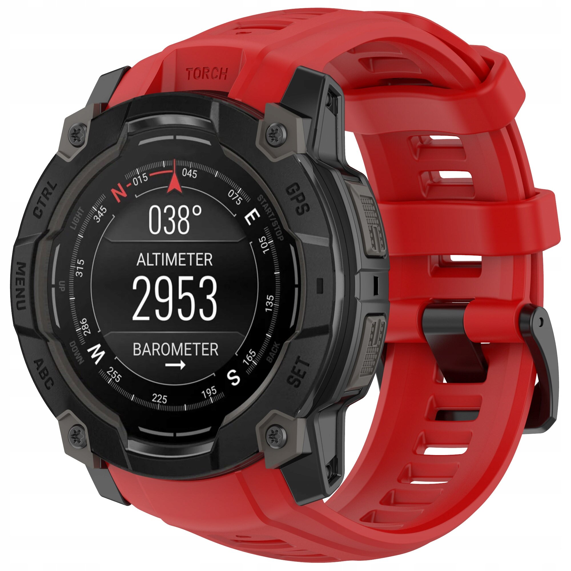 Czerwony silikonowy pasek do zegarka z czarną kopertą, na której wyświetlane są dane: \'038°\', \'ALTIMETER 2953\', \'BAROMETER\'.