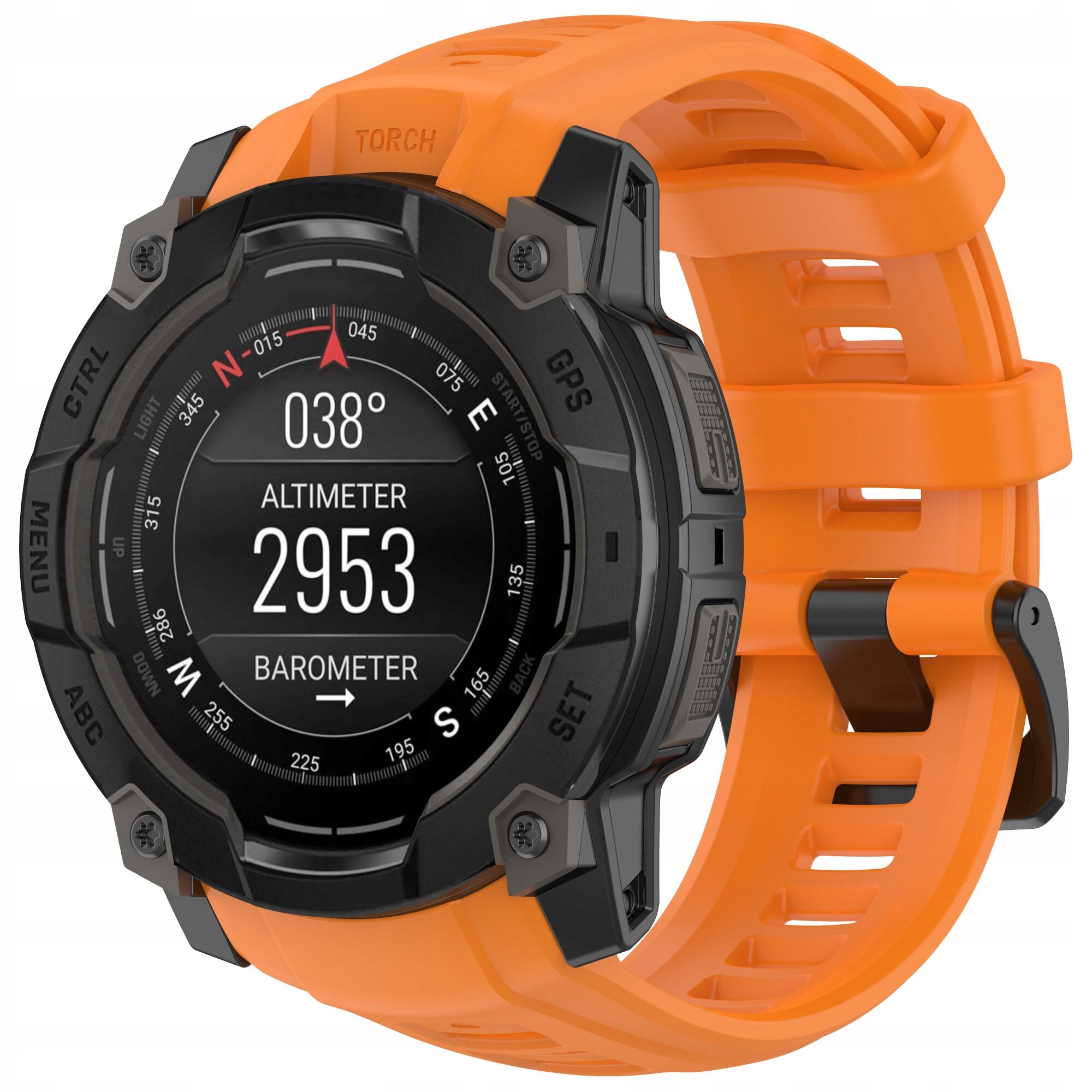 Pomarańczowy silikonowy pasek do zegarka z czarną kopertą, na której wyświetlane są dane: \'038° ALTIMETER 2953 BAROMETER\'.
