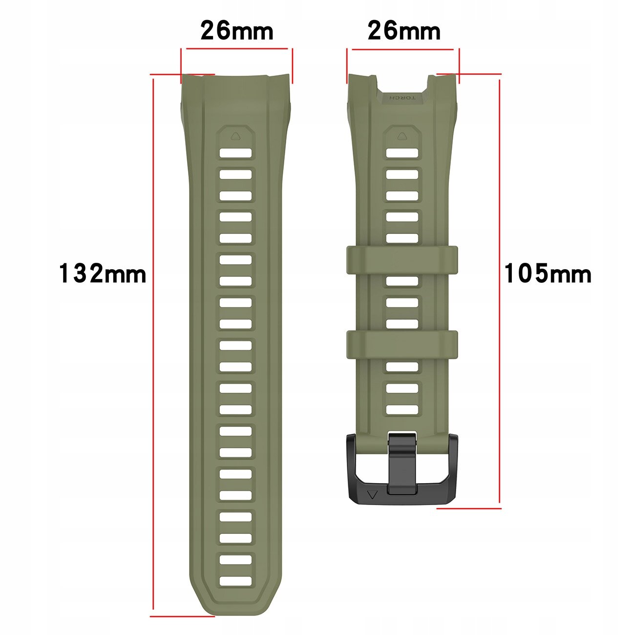 Zielony silikonowy pasek do zegarka z otworami wentylacyjnymi, z oznaczeniami długości 132mm i 105mm oraz szerokości 26mm.
