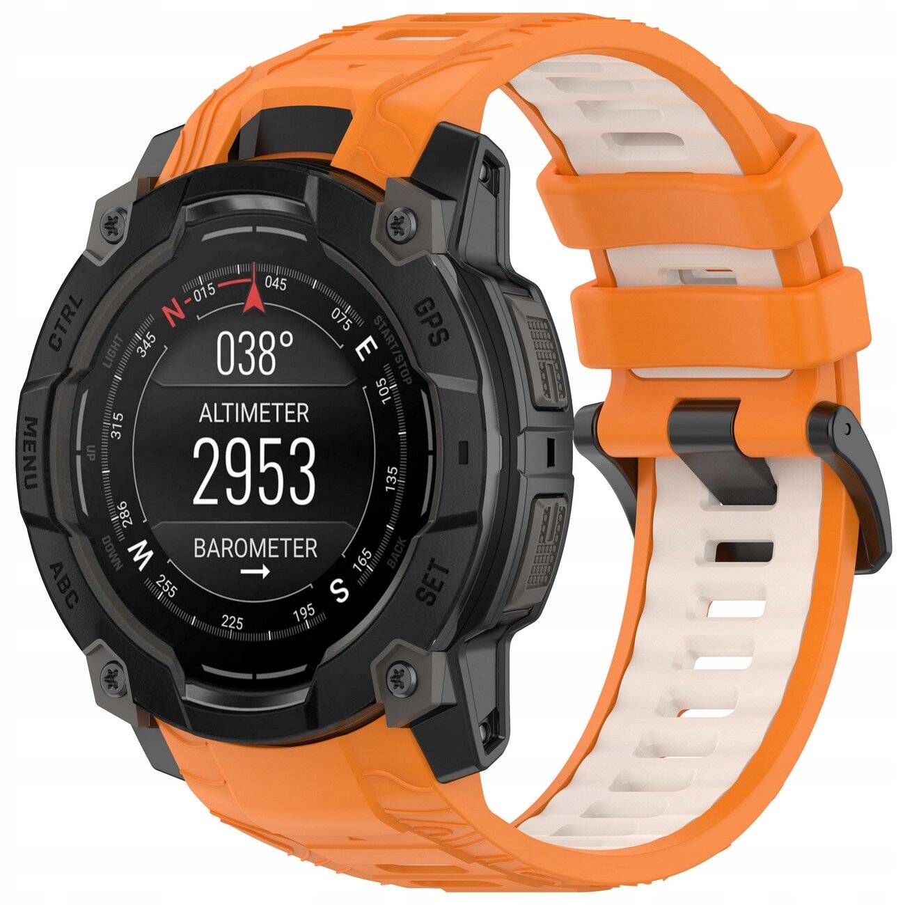 Zegarek z pomarańczowym silikonowym paskiem, na wyświetlaczu widoczne są informacje: \'038°\', \'ALTIMETER\', \'2953\', \'BAROMETER\'.