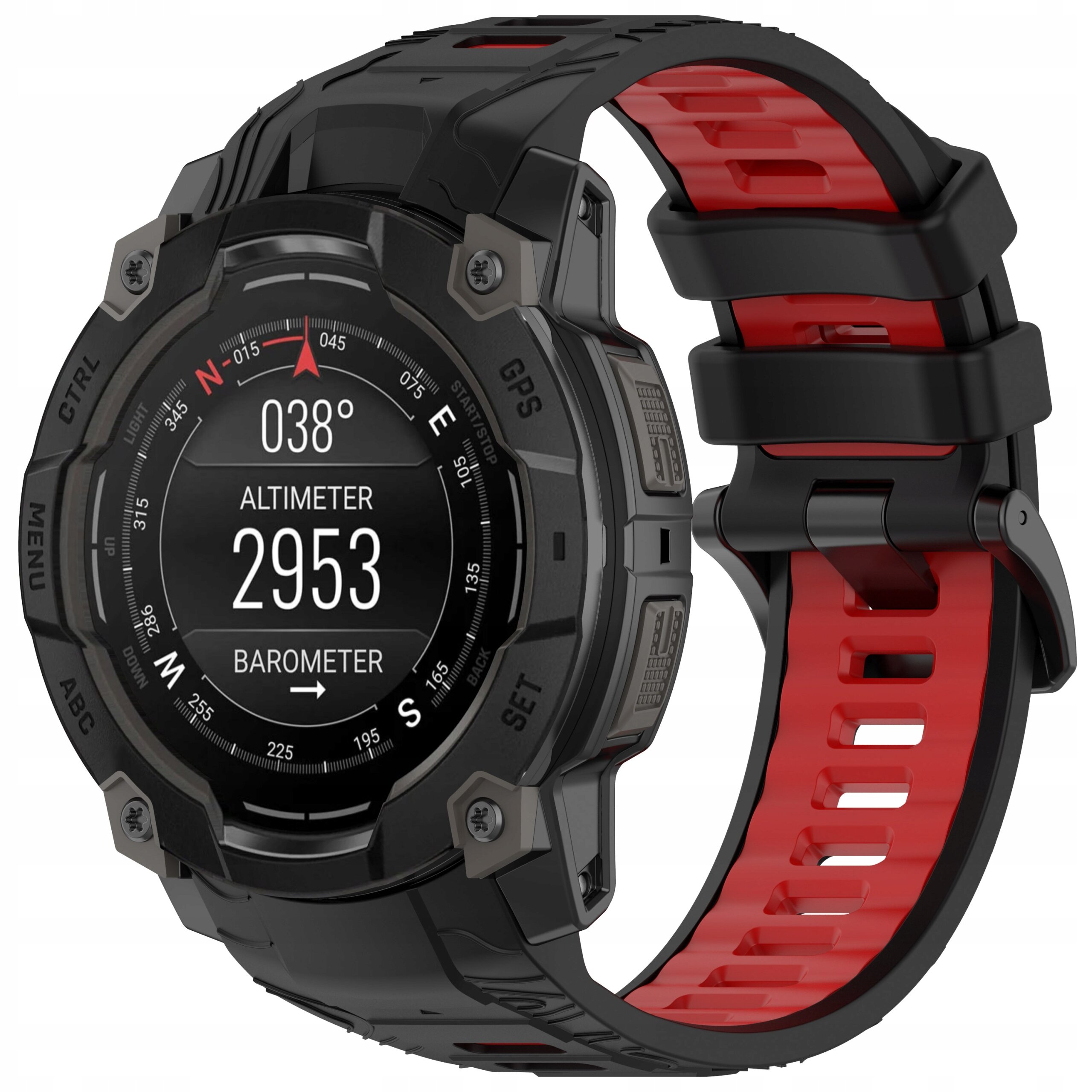 Czarny zegarek z czerwonym silikonowym paskiem, na wyświetlaczu widoczne są informacje: \'038°\', \'ALTIMETER\', \'2953\', \'BAROMETER\'.