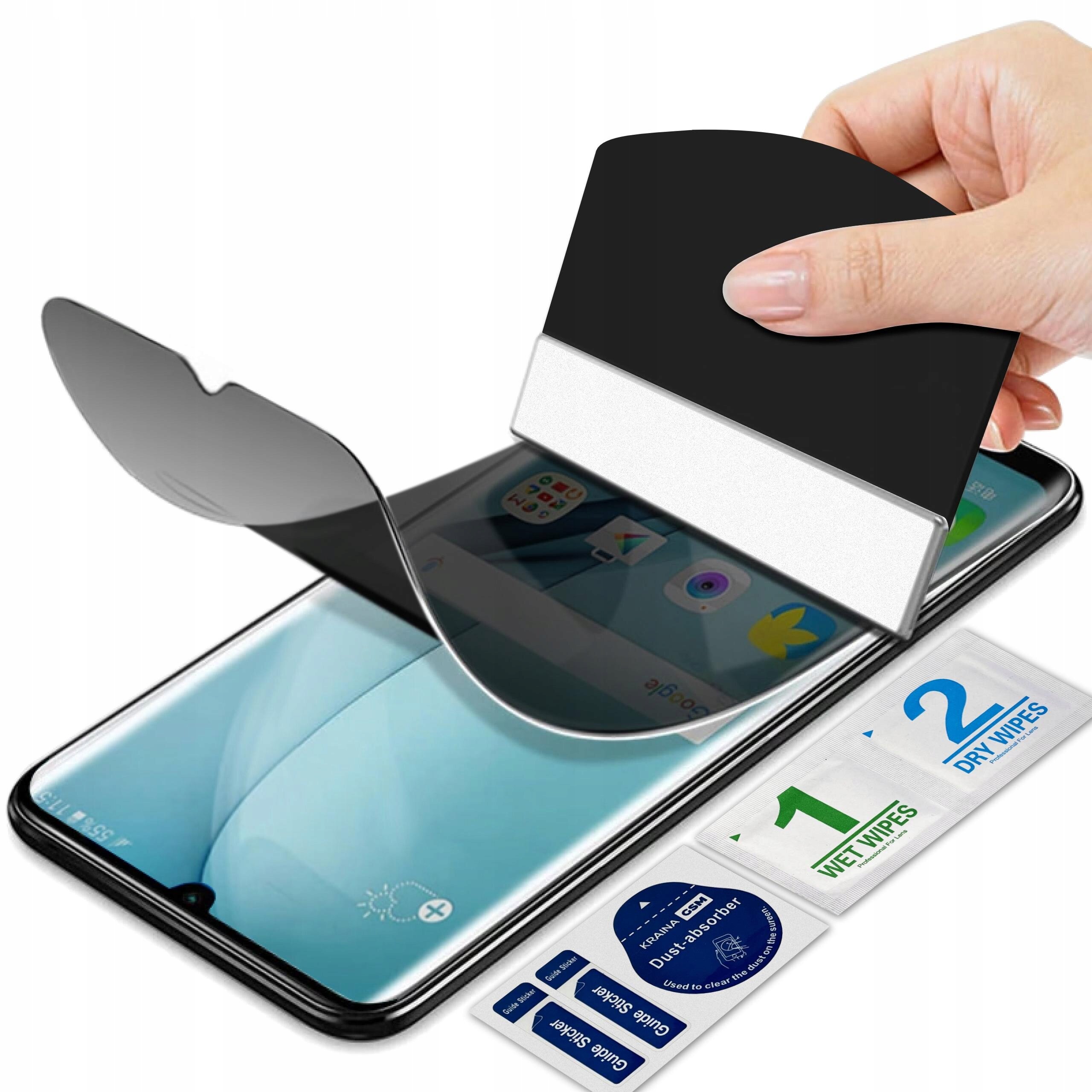 Na obrazie widać telefon z nałożoną folią ochronną, a obok znajdują się ściereczki oznaczone jako \'1 WET WIPES\' i \'2 DRY WIPES\'.