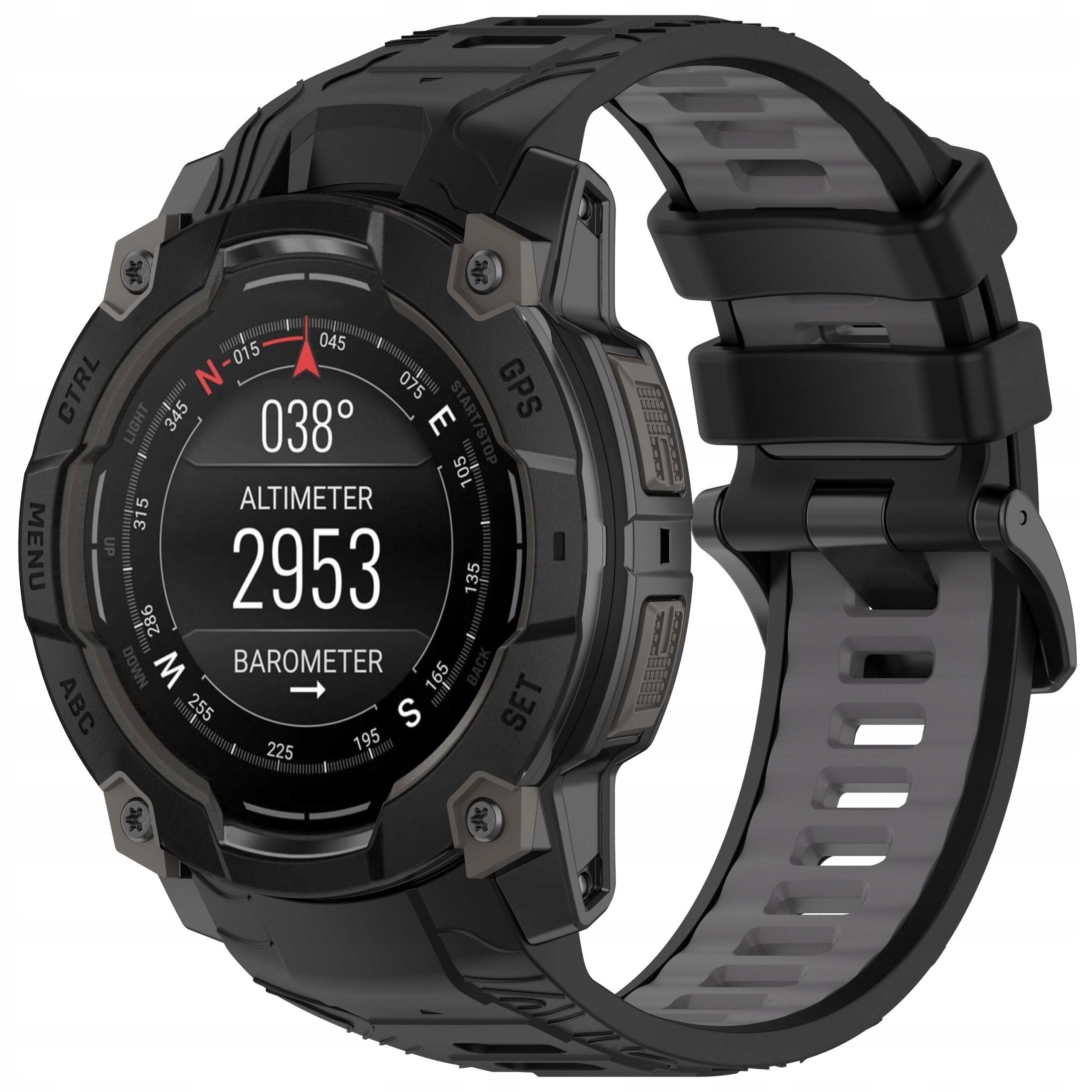 Czarny zegarek z okrągłym wyświetlaczem, na którym widoczne są wskazania: 038°, ALTIMETER 2953, BAROMETER. Pasek zegarka jest silikonowy z szarymi elementami.