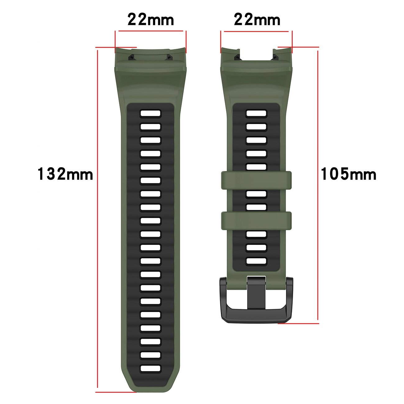 Zdjęcie przedstawia zielony silikonowy pasek do zegarka z czarnymi otworami, o długości 132mm i 105mm oraz szerokości 22mm, na białym tle.