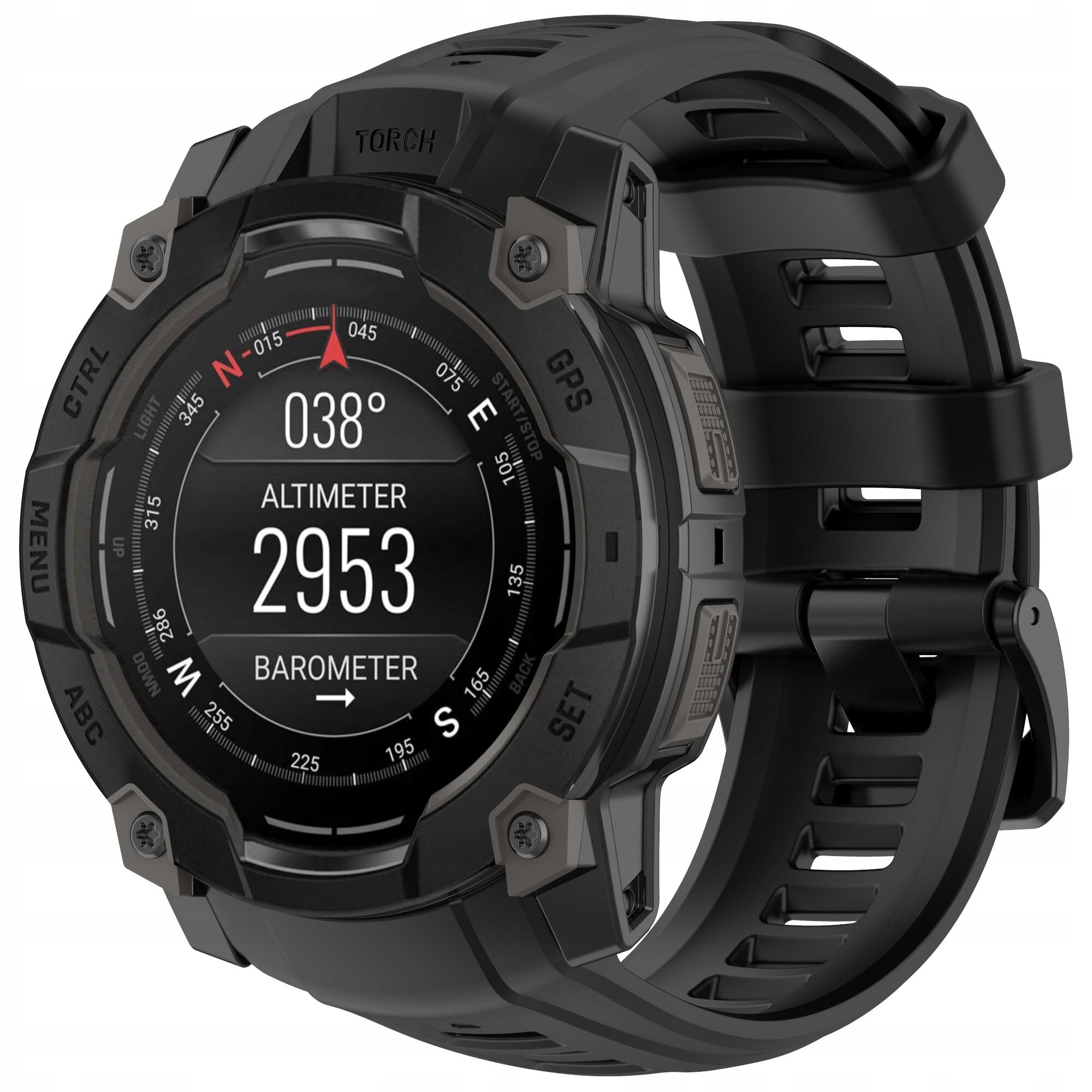 Czarny zegarek z okrągłym wyświetlaczem pokazującym informacje: \'038°\', \'ALTIMETER\', \'2953\', \'BAROMETER\'. Pasek zegarka jest silikonowy z widocznymi otworami i zapięciem.
