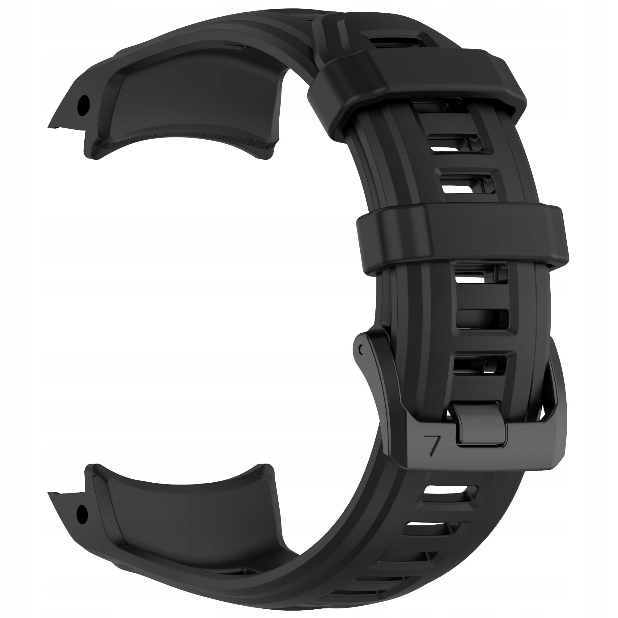 Czarny silikonowy pasek do zegarka z widocznymi otworami i zapięciem, przeznaczony do modelu Garmin Instinct 3.