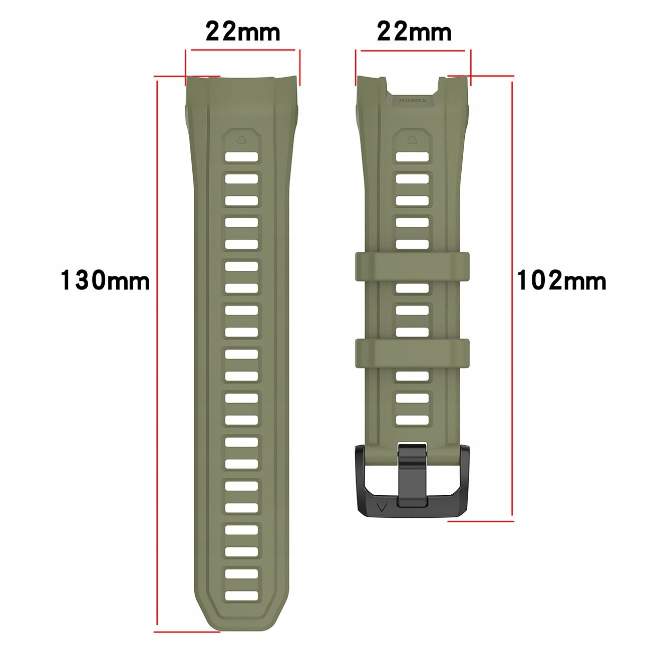 Zielony silikonowy pasek do zegarka z otworami wentylacyjnymi, z oznaczeniami długości 132mm i 105mm oraz szerokości 26mm.