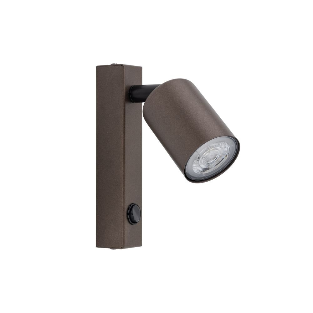 Brązowy metalowy kinkiet ścienny z regulowaną głowicą i włącznikiem, wyposażony w żarówkę GU10. Produkt ma prosty, nowoczesny design.