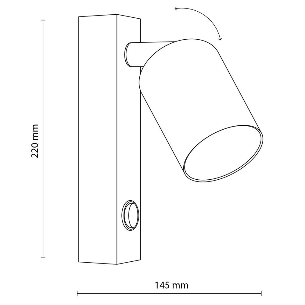 Schematyczny rysunek kinkietu ściennego z włącznikiem, z regulowaną głowicą. Wymiary to 220 mm wysokości i 145 mm szerokości.