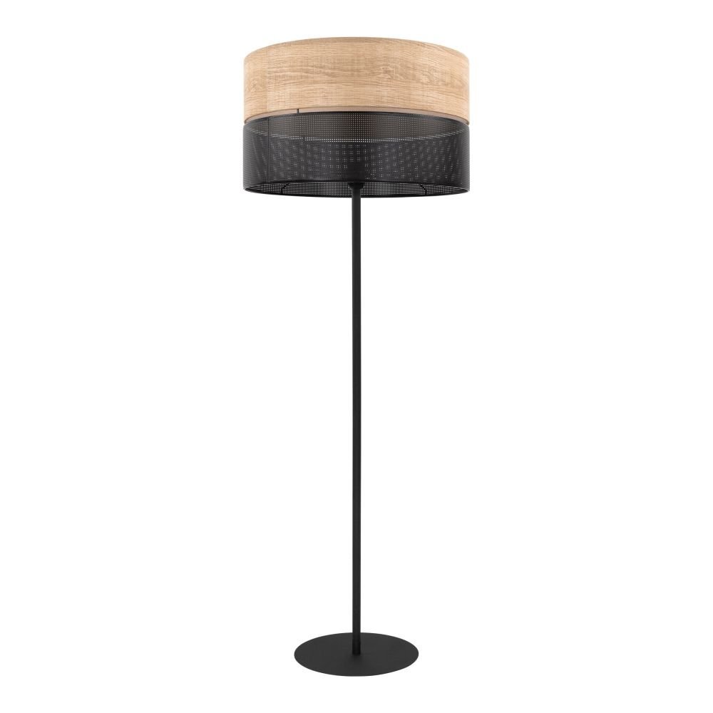 Lampa podłogowa z czarnym, smukłym stelażem i okrągłym kloszem w kolorze czarno-beżowym, umieszczona na białym tle.
