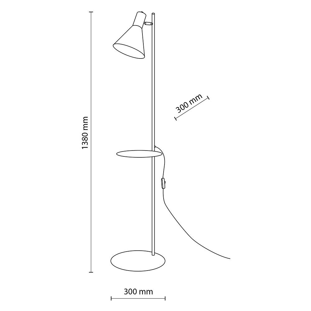 Schemat lampy podłogowej z półką, z wymiarami: wysokość 1380 mm i średnica podstawy oraz półki 300 mm. Lampa posiada klosz skierowany w dół i przewód z włącznikiem.