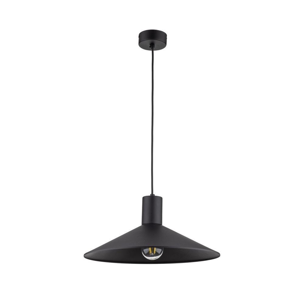 Czarna lampa wisząca o stożkowym kloszu, zawieszona na cienkim przewodzie z okrągłą podsufitką. Wewnątrz klosza widoczna jest żarówka.