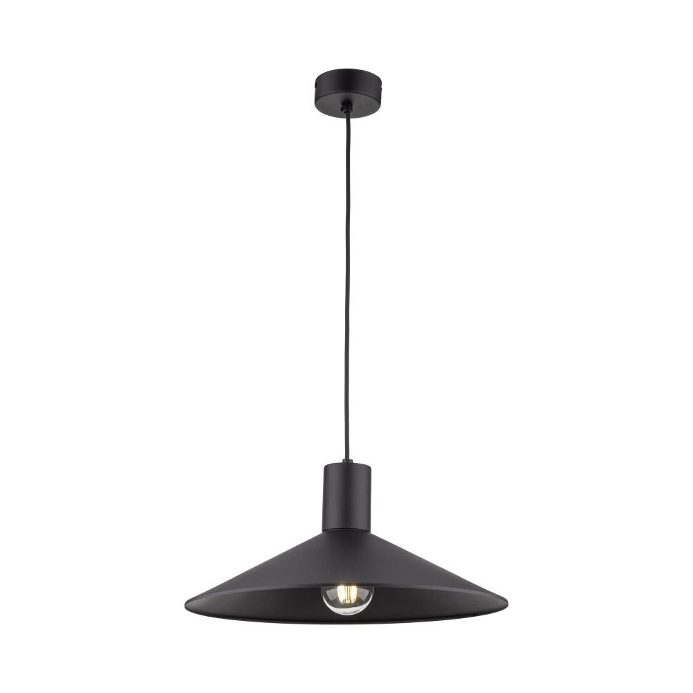 Czarna lampa wisząca o stożkowym kształcie z widoczną żarówką wewnątrz. Lampa jest zawieszona na cienkim przewodzie z okrągłą podsufitką.