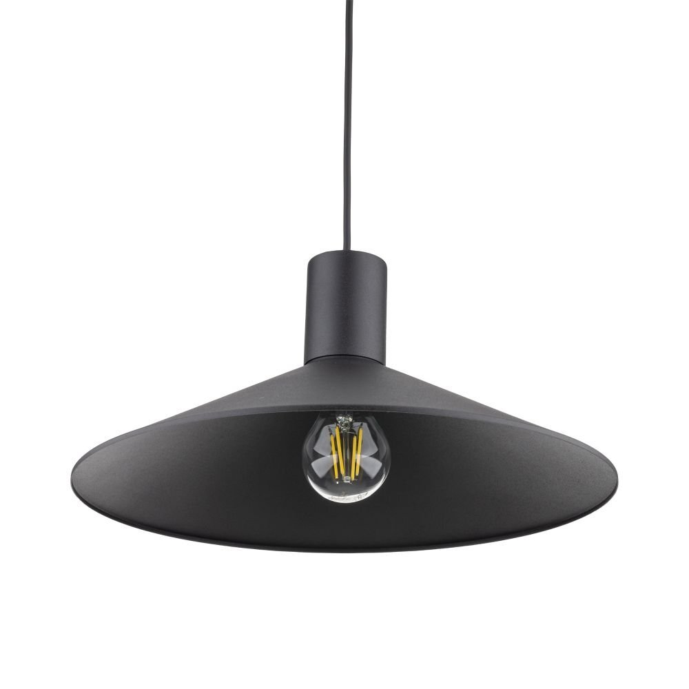 Czarna lampa wisząca z szerokim, stożkowym kloszem i widoczną żarówką LED wewnątrz. Lampa posiada prosty, nowoczesny design.