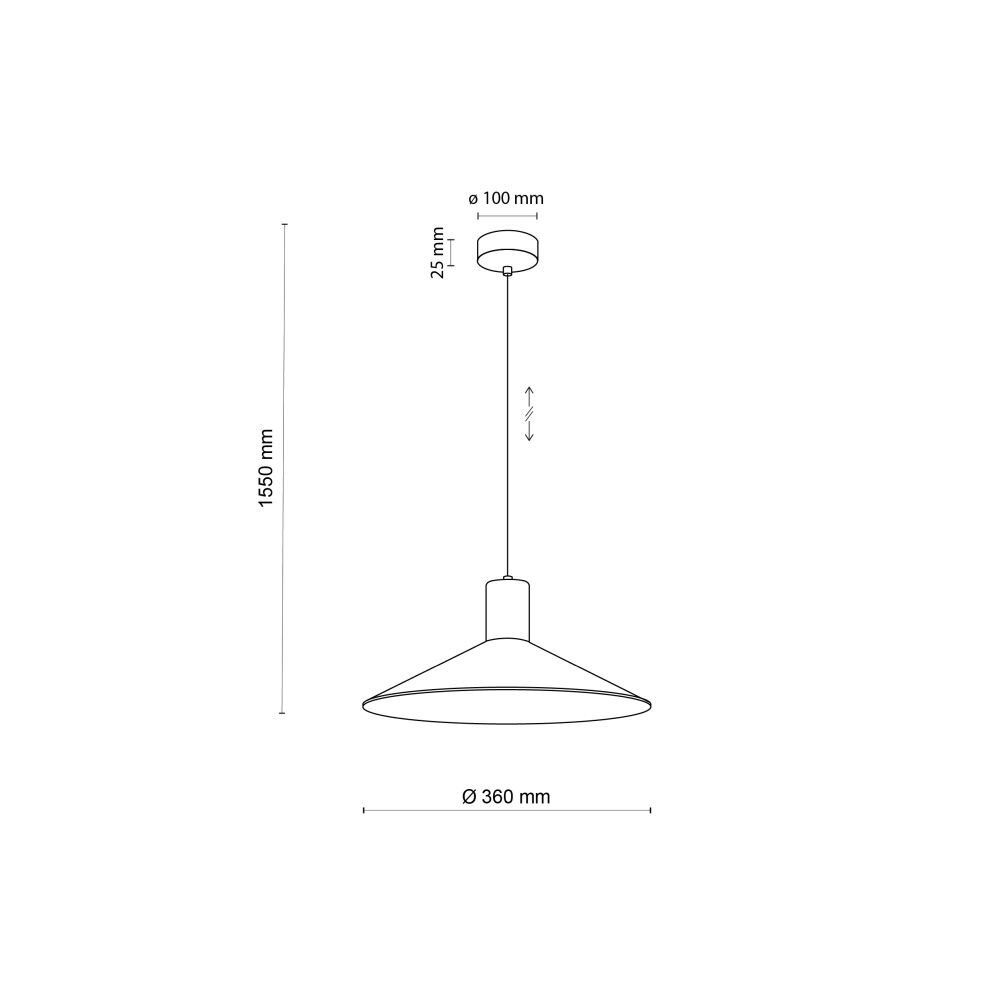 Schematyczny rysunek lampy wiszącej z wymiarami: wysokość 1550 mm, średnica klosza 360 mm, średnica mocowania 100 mm, wysokość mocowania 25 mm. Lampa posiada regulację wysokości.