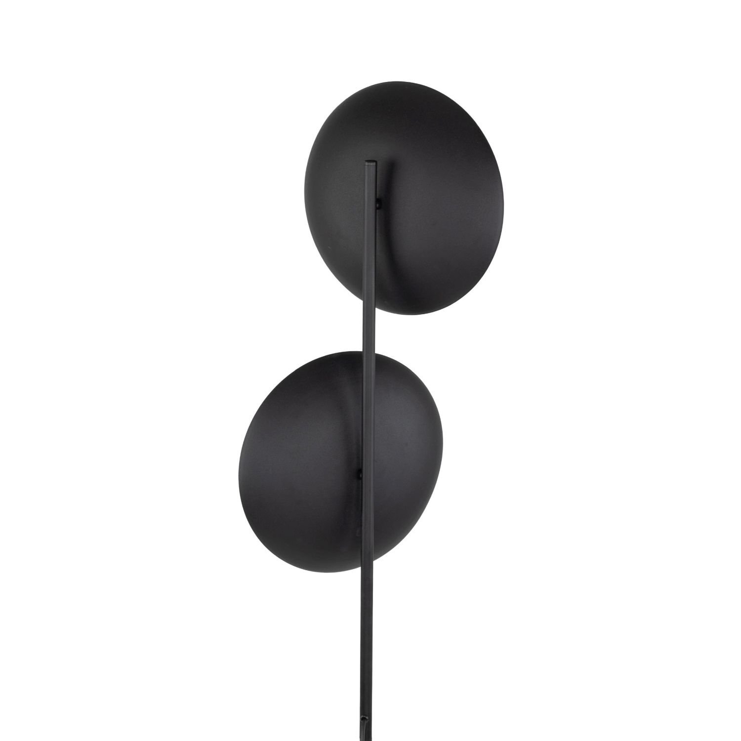 Czarna lampa podłogowa z dwoma okrągłymi kloszami umieszczonymi na pionowym pręcie. Produkt ma nowoczesny design i jest przeznaczony do salonu lub sypialni.