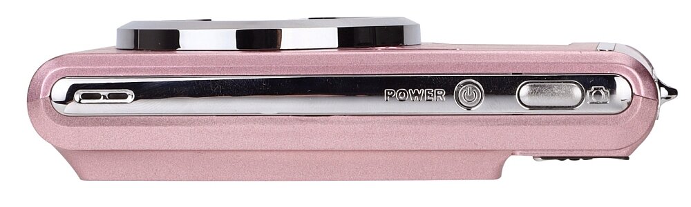 Różowy aparat fotograficzny z widocznym przyciskiem \'POWER\' oraz innymi elementami sterującymi na srebrnym panelu bocznym.