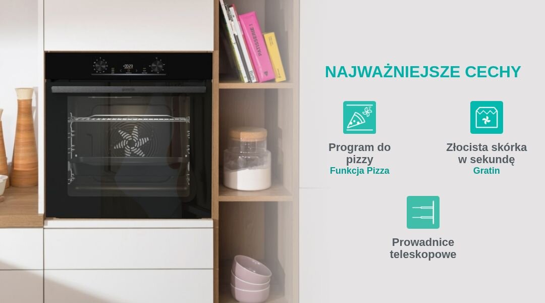 Na obrazie widoczny jest czarny piekarnik w zabudowie kuchennej oraz tekst \'NAJWAŻNIEJSZE CECHY\' z ikonami i opisami: \'Program do pizzy Funkcja Pizza\', \'Złocista skórka w sekundę Gratin\', \'Prowadnice teleskopowe\'.