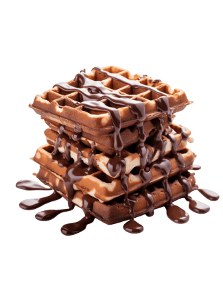 Stos trzech gofrów polanych płynną czekoladą, z której część spływa na powierzchnię poniżej.