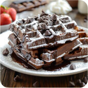 Na talerzu znajdują się czekoladowe gofry posypane cukrem pudrem i kawałkami czekolady. W tle widoczne są truskawki i bita śmietana.