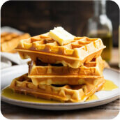 Stos gofrów z masłem na wierzchu i polanych syropem na talerzu. W tle widoczna jest butelka z oliwą.