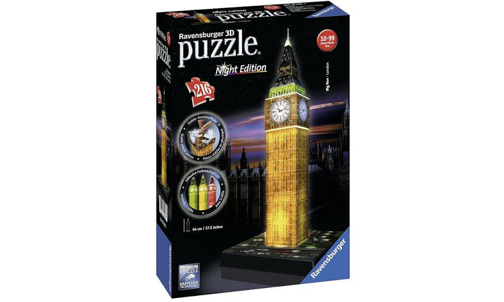 RAVENSBURGER-Big-Ben puzzle zestaw podstawka światełka led instrukcja karta gwarancyjna