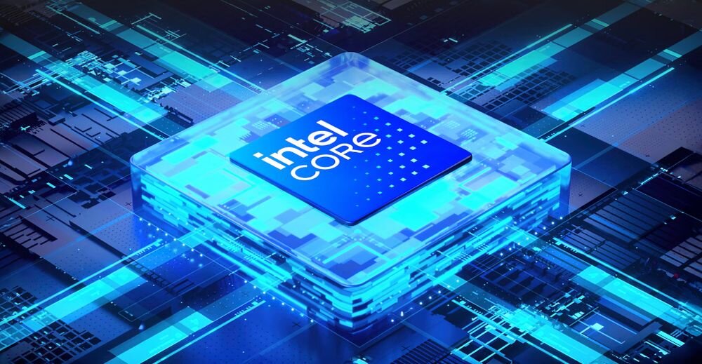 Obraz przedstawia niebieski procesor z napisem \'intel core\' na tle cyfrowej, futurystycznej grafiki.
