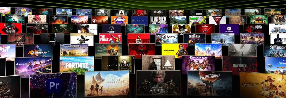 Obraz przedstawia wiele okładek gier i programów ułożonych w kilku rzędach, tworząc mozaikę. Widoczne są tytuły takie jak \'Fortnite\', \'Dragon Age\', \'Blender\' oraz logo różnych producentów.