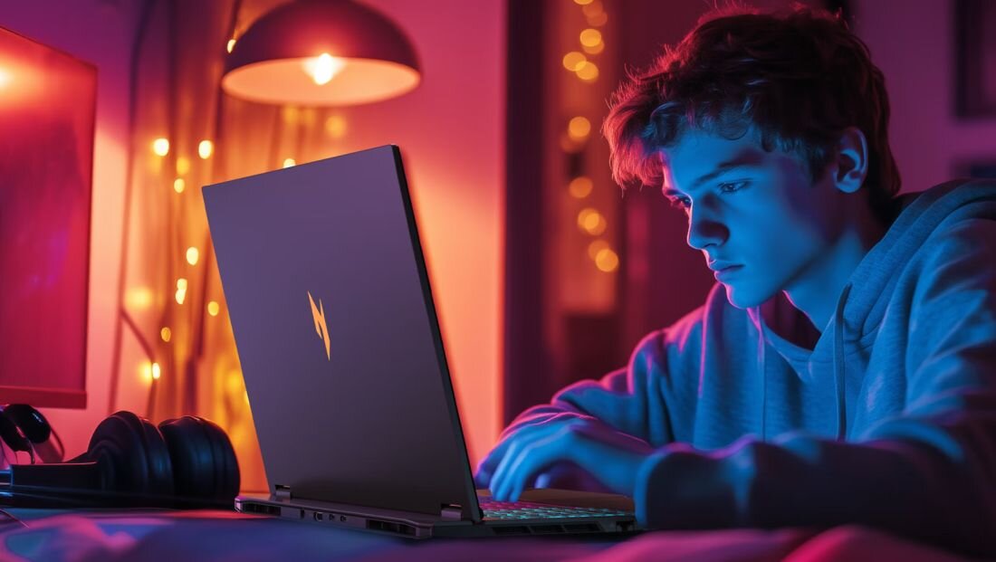 Osoba siedzi przy biurku, używając laptopa z podświetlonym logo w kształcie błyskawicy. W tle widoczne są lampki dekoracyjne i lampka stołowa.