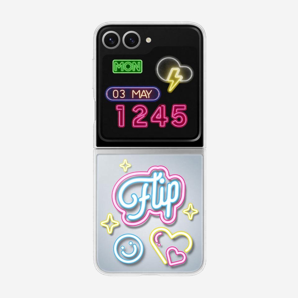 Smartfon z dwoma aparatami i kolorowym wyświetlaczem z neonowymi grafikami, w tym napisami \'MON\', \'03 MAY\', \'1245\' oraz \'Flip\'. Na dolnej części obudowy znajdują się neonowe symbole, takie jak uśmiechnięta buźka i serce.