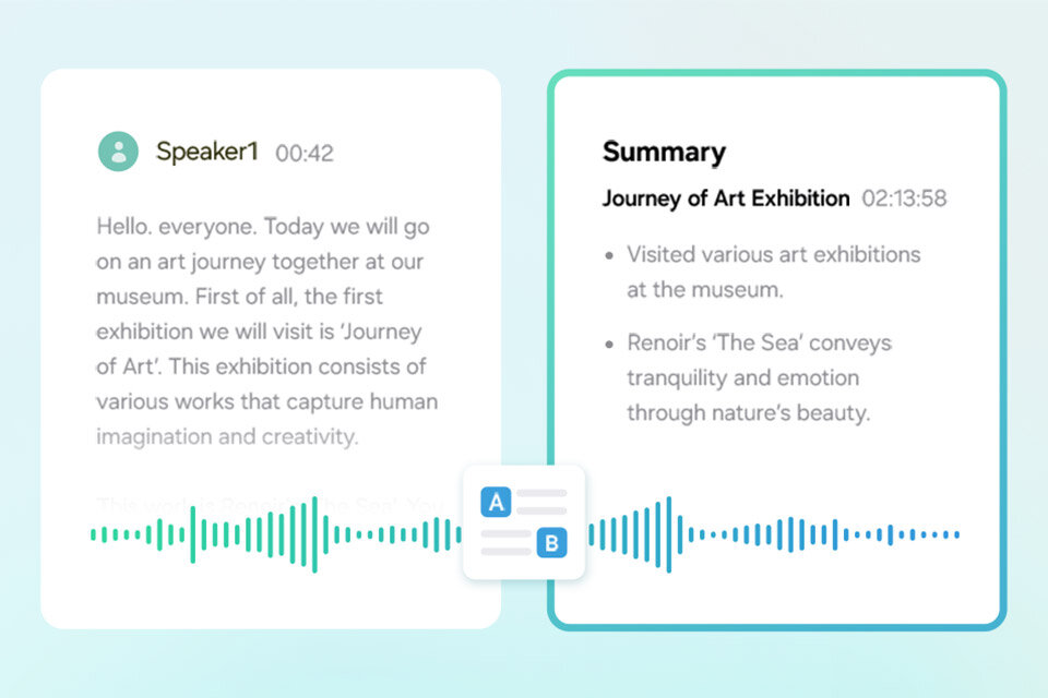 Obraz przedstawia dwa panele. Lewy panel zawiera tekst: \'Speaker1 00:42 Hello, everyone. Today we will go on an art journey together at our museum. First of all, the first exhibition we will visit is ‘Journey of Art’. This exhibition consists of various works that capture human imagination and creativity.\' Prawy panel zatytułowany \'Summary\' zawiera podsumowanie: \'Journey of Art Exhibition 02:13:58 Visited various art exhibitions at the museum. Renoir’s ‘The Sea’ conveys tranquility and emotion through nat