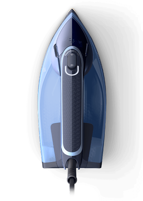 Żelazko w kolorze niebieskim z czarnym uchwytem i przyciskiem oznaczonym jako \'OptimalTEMP\'.