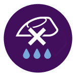 Ikona przedstawia białe żelazko z symbolem \'X\' nad trzema niebieskimi kroplami na fioletowym tle.