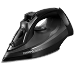 Czarne żelazko z widocznym logo PHILIPS i napisem 5000 Series na boku. Urządzenie ma nowoczesny design z wyraźnie zaznaczoną rączką i otworem na wodę.