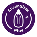 Fioletowe logo z białym napisem \'SteamGlide Plus\' oraz ikoną żelazka w środku.