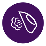 Ikona przedstawia biały symbol żelazka z parą na fioletowym tle.