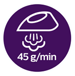 Fioletowa ikona z białym symbolem żelazka wydzielającego parę oraz napisem \'45 g/min\'.