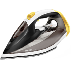 Żelazko w kolorze czarno-białym z żółtymi elementami, z widocznym logo \'PHILIPS 5000 Series\'.