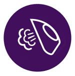 Ikona przedstawia biały symbol żelazka z parą na fioletowym tle.