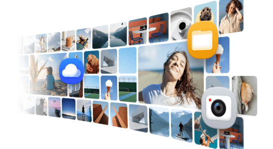 Obraz przedstawia mozaikę zdjęć, w tym krajobrazy, ludzi i przedmioty, z ikonami chmury, folderu i aparatu na wierzchu. Zdjęcia są ułożone w zakrzywioną linię, tworząc efekt głębi.