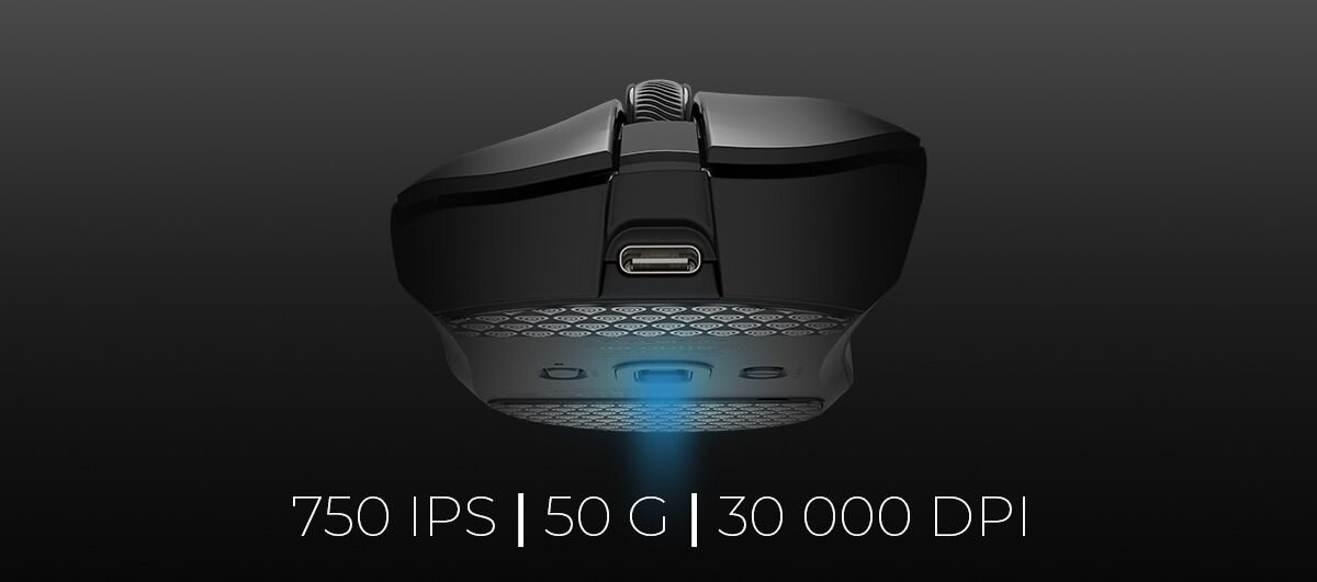 GENESIS Zircon 880 Pro sensor PAW3950 szybki obrót delikatną korektę celownika możliwość pracy na szkle - Widok na przedni profil myszy z podświetlonym sensorem optycznym od spodu, uzupełniony o parametry techniczne na dole grafiki: 750 IPS, 50 G oraz 30 000 DPI.