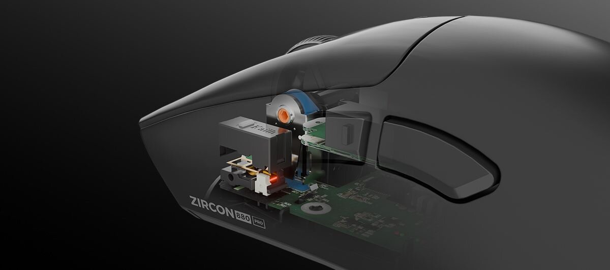 GENESIS Zircon 880 Pro Optyczne przełączniki Kailh szybką reakcję żywotność do 150 milionów kliknięć Wyczuwalny klik - Przekrój techniczny ukazujący przednią część wnętrza myszy komputerowej z widocznym przełącznikiem marki Kailh oraz kółkiem przewijania, z nadrukowanym napisem ZIRCON 880 PRO na boku obudowy.